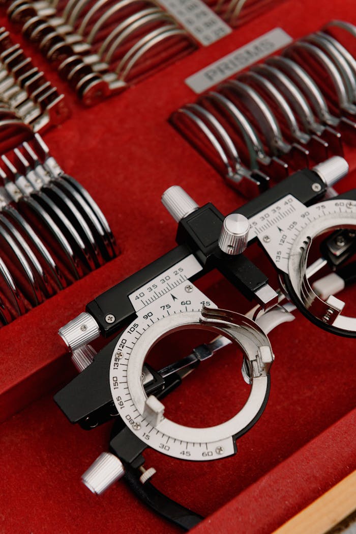 High angle collection of assorted trial lenses and frame for eye examination in optometry clinic